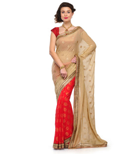 Beige & Red Faux Georgette & Faux Chiffon Half Half Saree