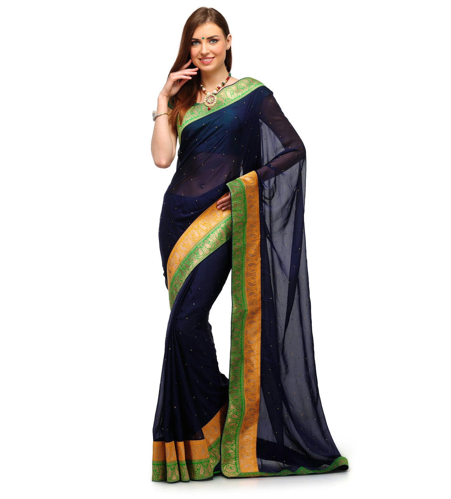 Navy Blue Faux Crepe Saree