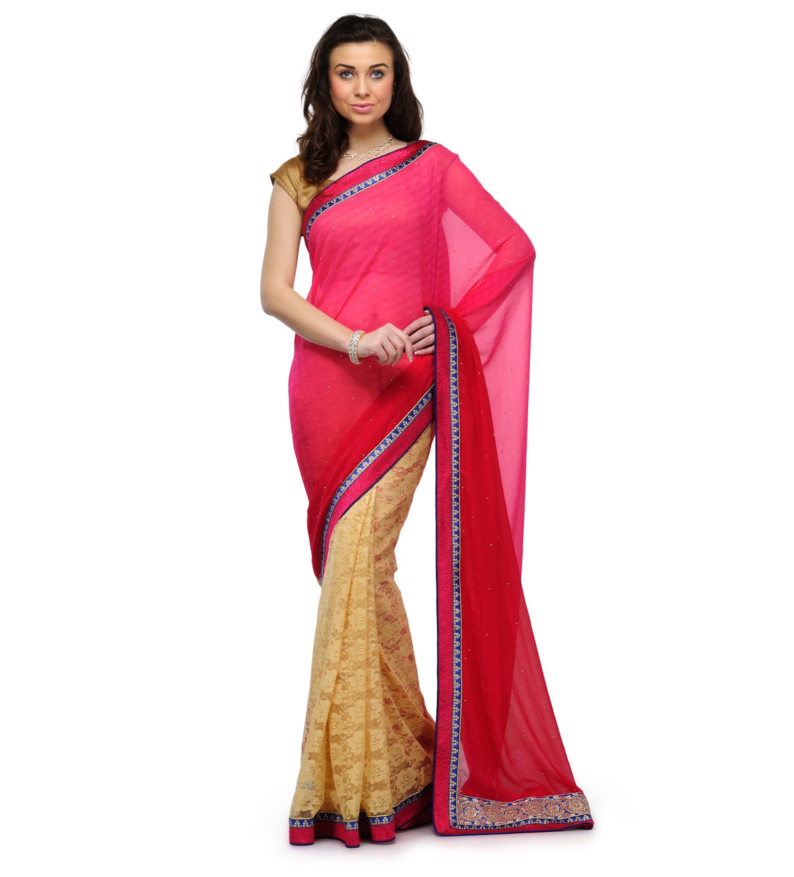 Plushy Rani Pink- Beige Jacquard Chiffon- Georgette Saree with Beige Blouse