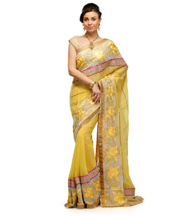 Yellow and Off White Faux Georgette Saree