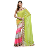 Neon Green, White & Salmon Faux Georgette Half Saree