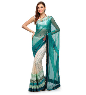 Green and White Net Half and Half Saree