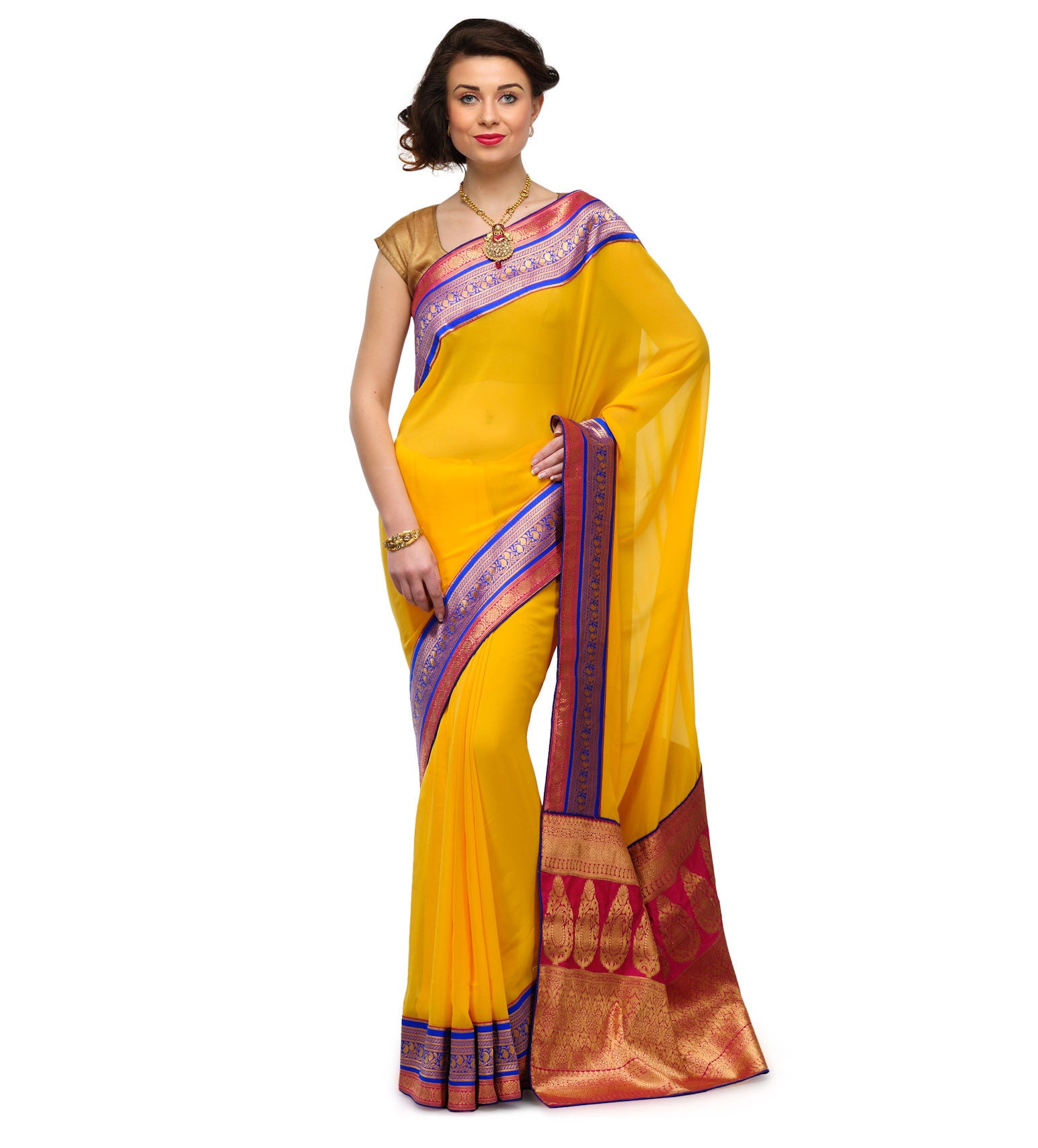 Golden Faux Crepe Saree