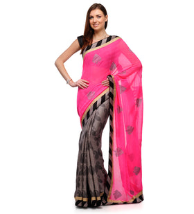 Dark Pink & Gray Marvel Chiffon Bhagalpuri Half Half Saree