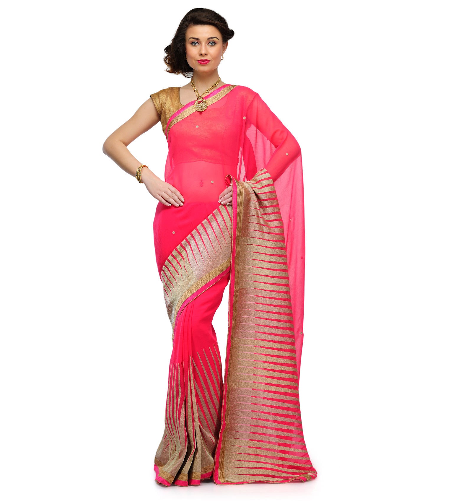 Hot Pink Faux Chiffon Saree