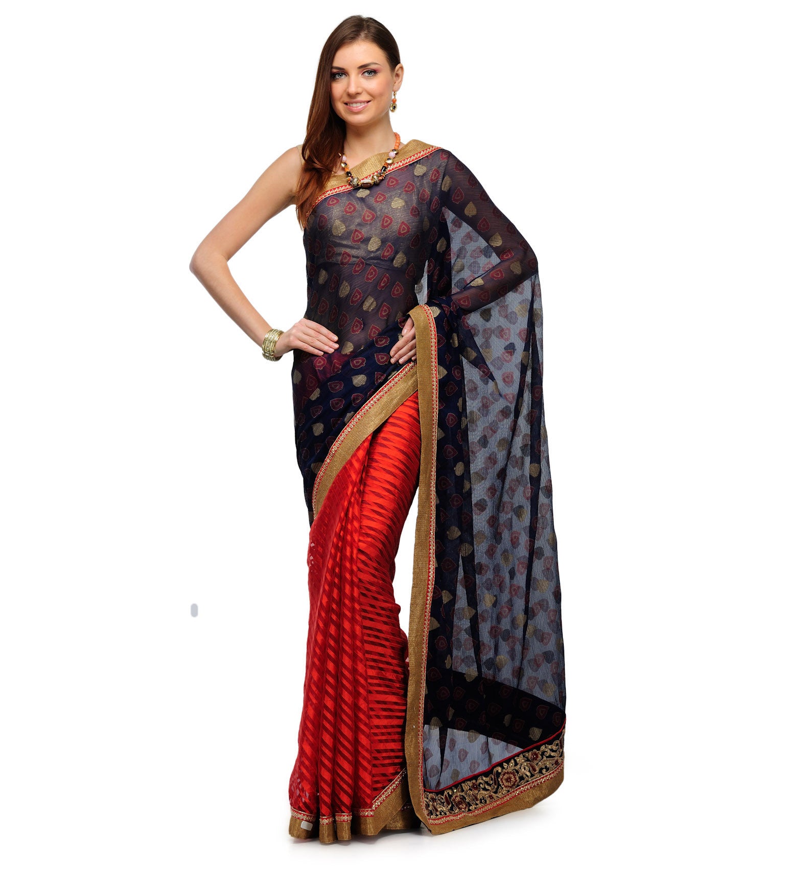 Navy Blue & Rust Faux Chiffon & Tissue Half Half Saree