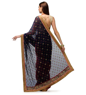 Navy Blue & Rust Faux Chiffon & Tissue Half Half Saree