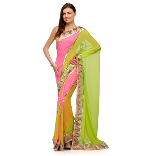 Neon Green and Pink Faux Georgette Half Half Saree