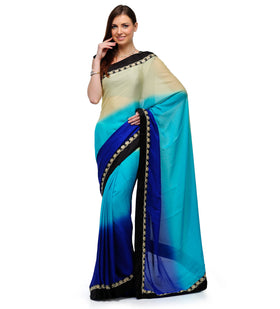 Yellow, Sea Green & Navy Blue Faux Crepe Shaded Saree