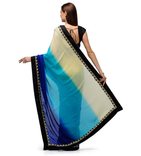 Yellow, Sea Green & Navy Blue Faux Crepe Shaded Saree