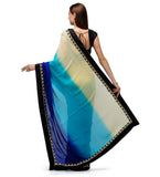 Yellow, Sea Green & Navy Blue Faux Crepe Shaded Saree