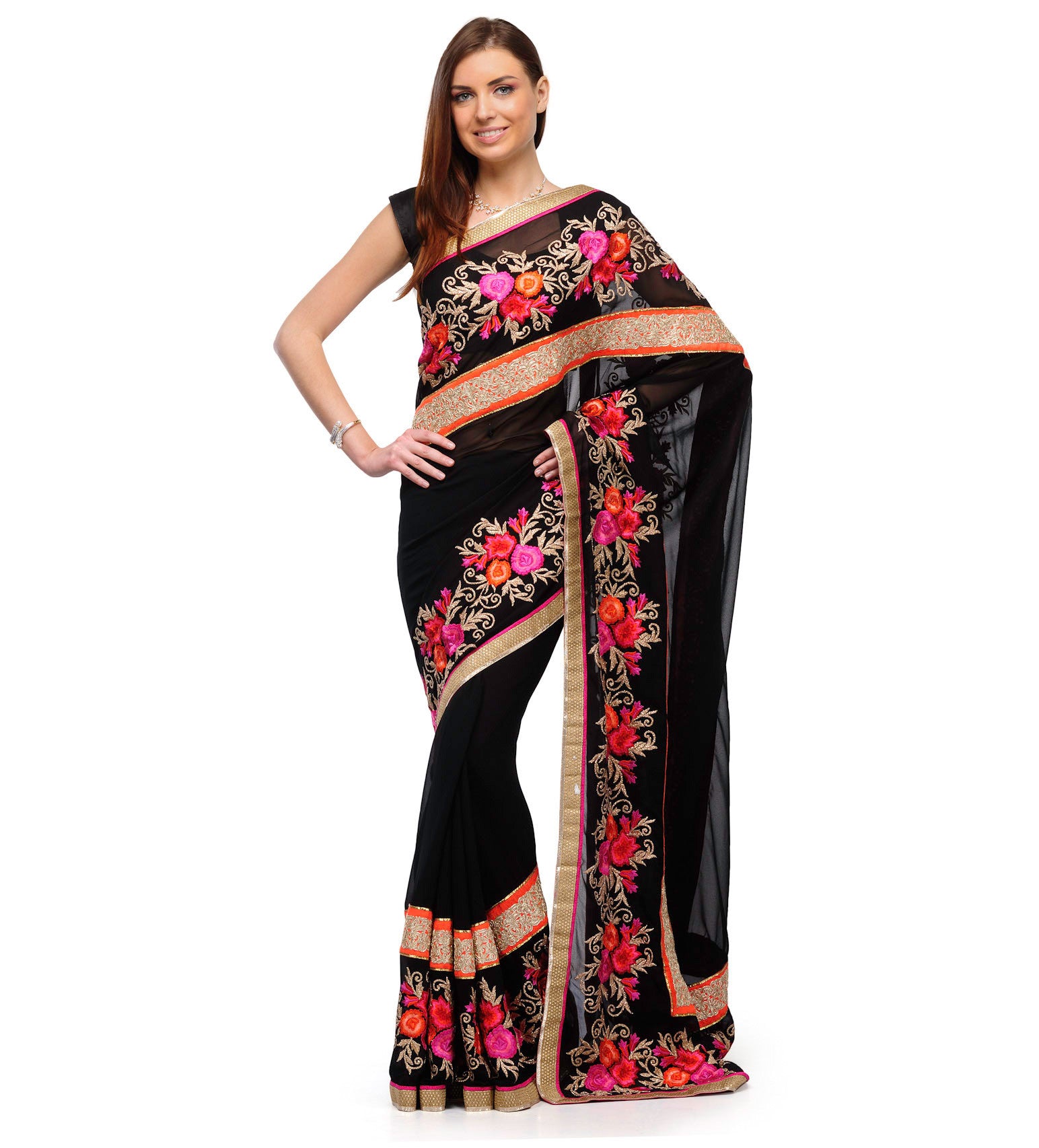 Black Faux Georgette Saree