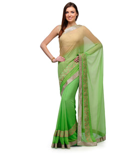 Parrot Green and Beige Faux Chiffon Shaded Saree