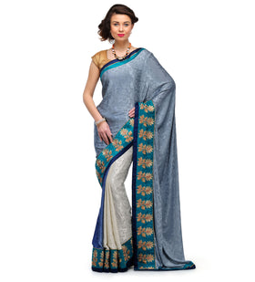 Gray, Off White & Navy Blue Semi Crepe Shaded Saree