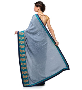 Gray, Off White & Navy Blue Semi Crepe Shaded Saree