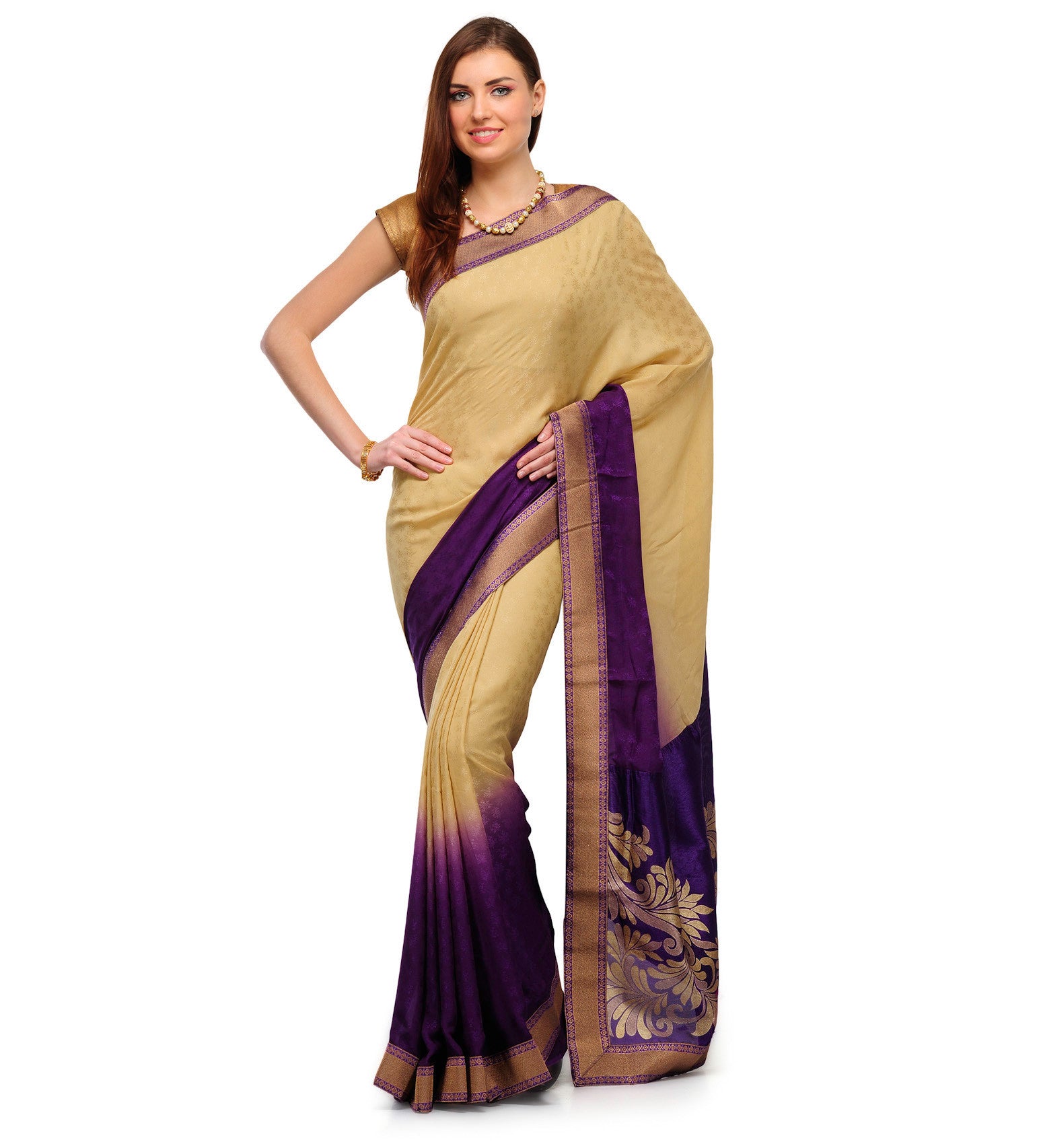 Beige & Violet Faux Crepe Shaded Saree