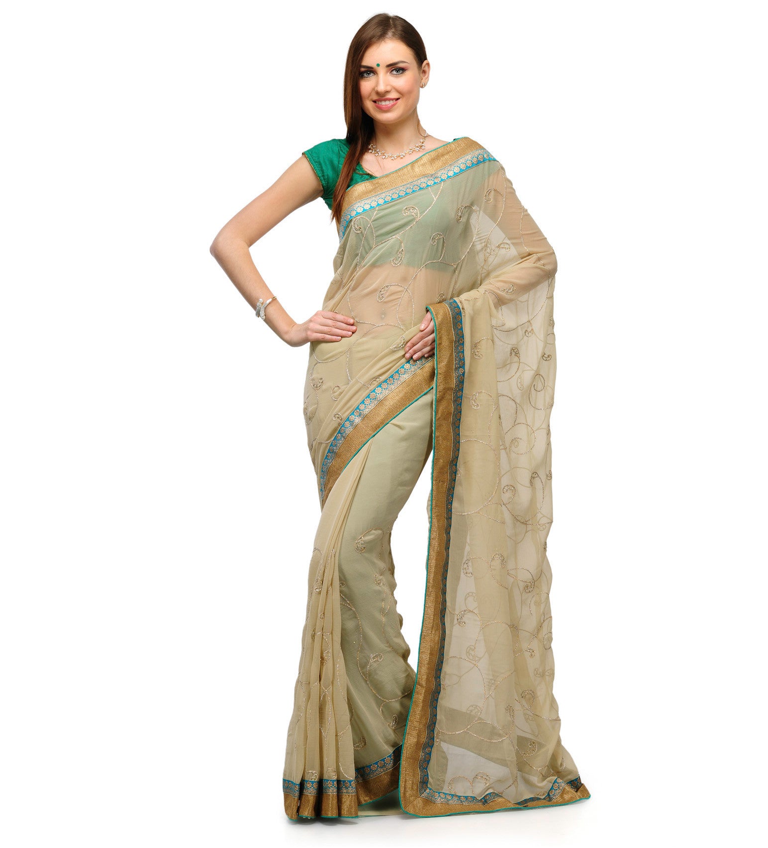 Beige Faux Chiffon Saree