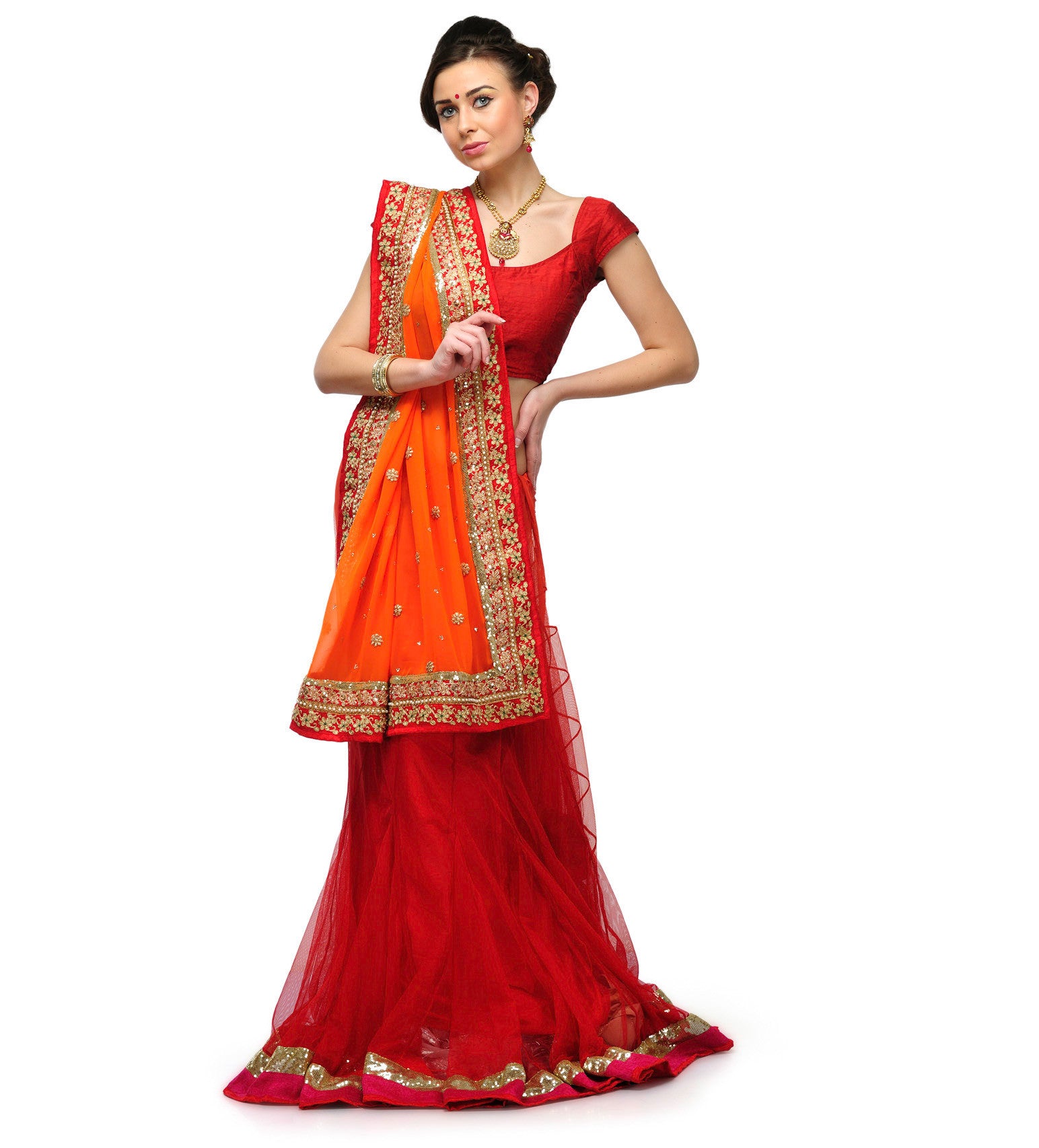 Orange and Red Faux Georgette and Net Lehenga Saree