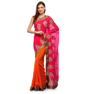 Magenta & Orange Faux Chiffon Saree