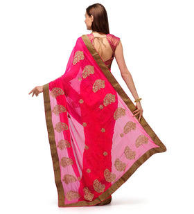 Magenta & Orange Faux Chiffon Saree