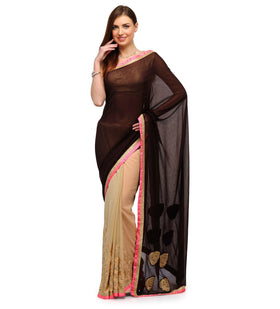 Coffee Faux Chiffon & Faux Georgette Half Half Saree