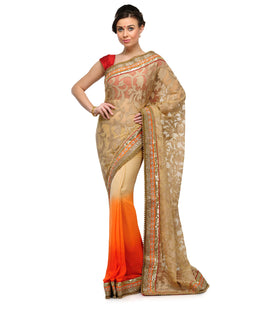 Beige and Orange Net & Faux Georgette Half and Half Saree