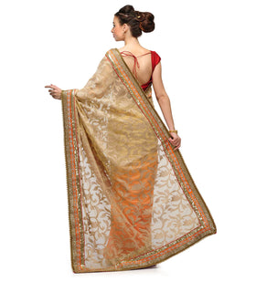 Beige and Orange Net & Faux Georgette Half and Half Saree