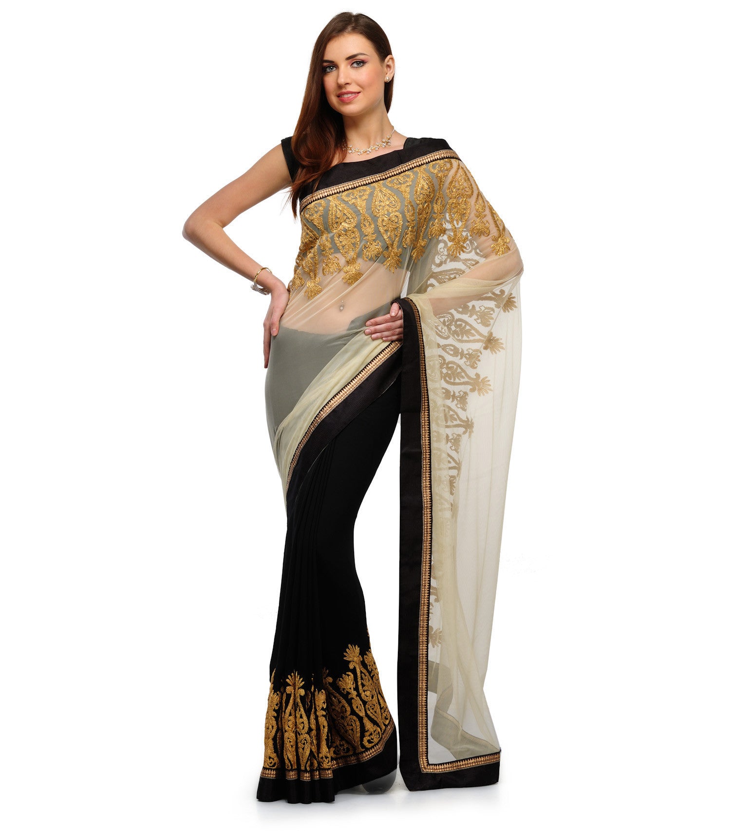 Beige Net & Faux Georgette Half Half Saree