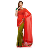 Red and Olive Faux Georgette Half and Half Saree