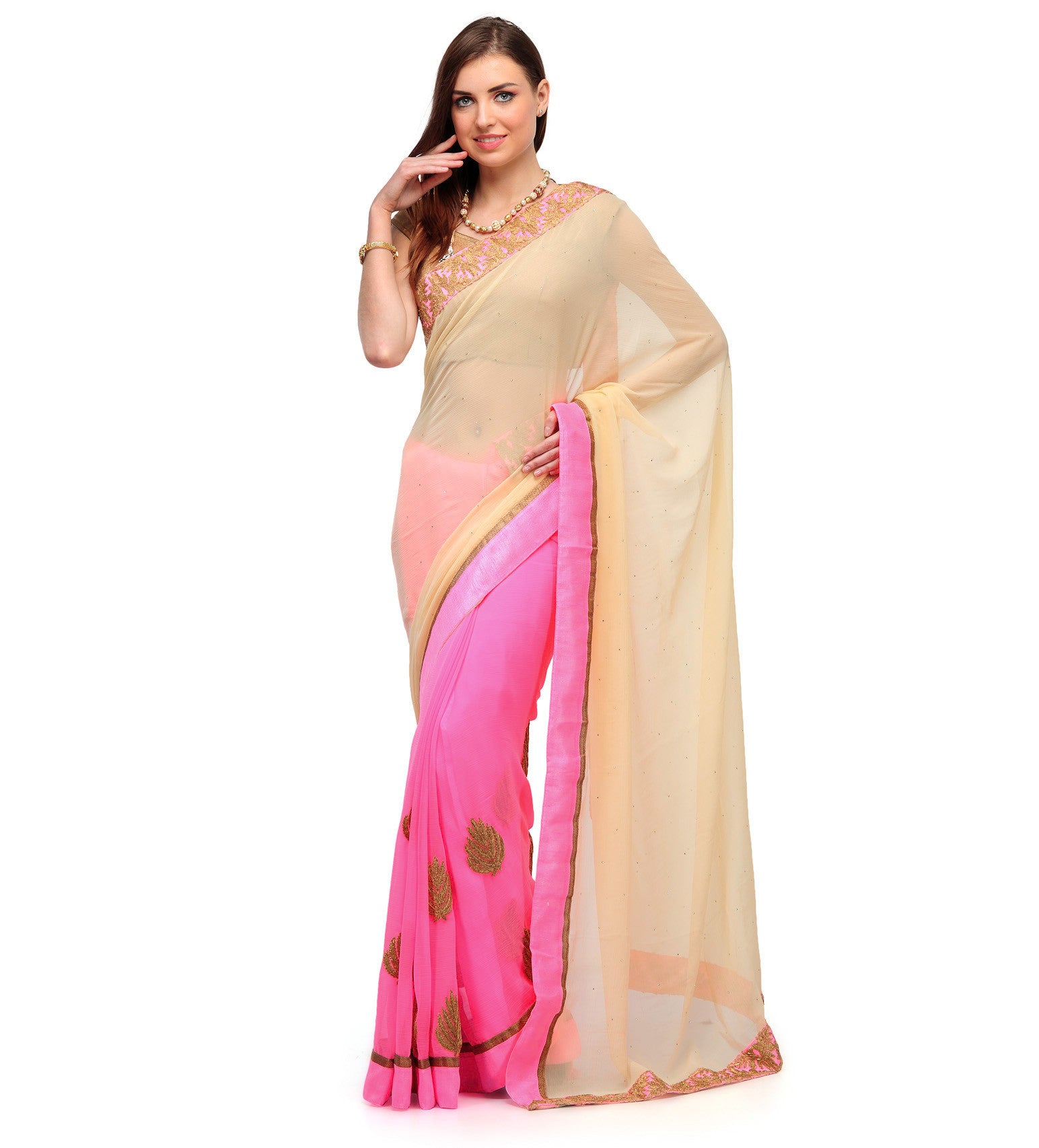 Beige and Neon Pink Half & Half Saree