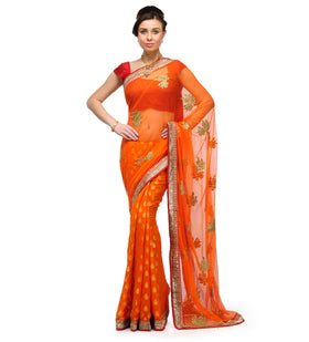 Orange Net and Viscose Half and Half Saree