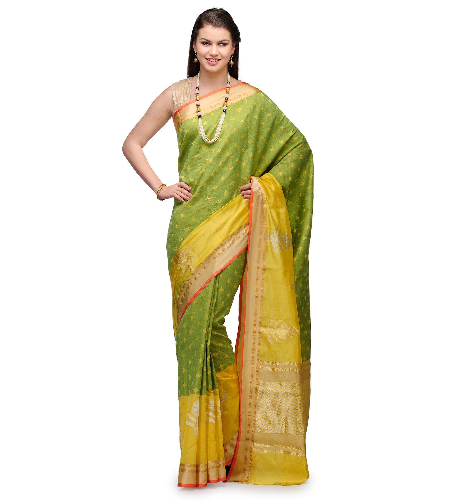 Olive & Yellow Matka & Katan Silk Half & Half Saree