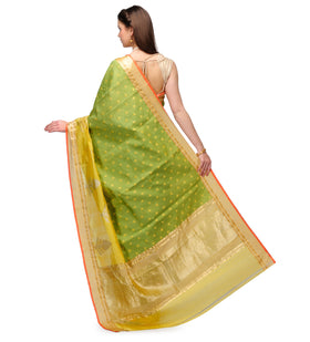 Olive & Yellow Matka & Katan Silk Half & Half Saree