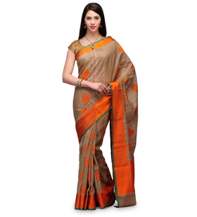 Fawn Banarsi Tusser Silk Handloom Saree