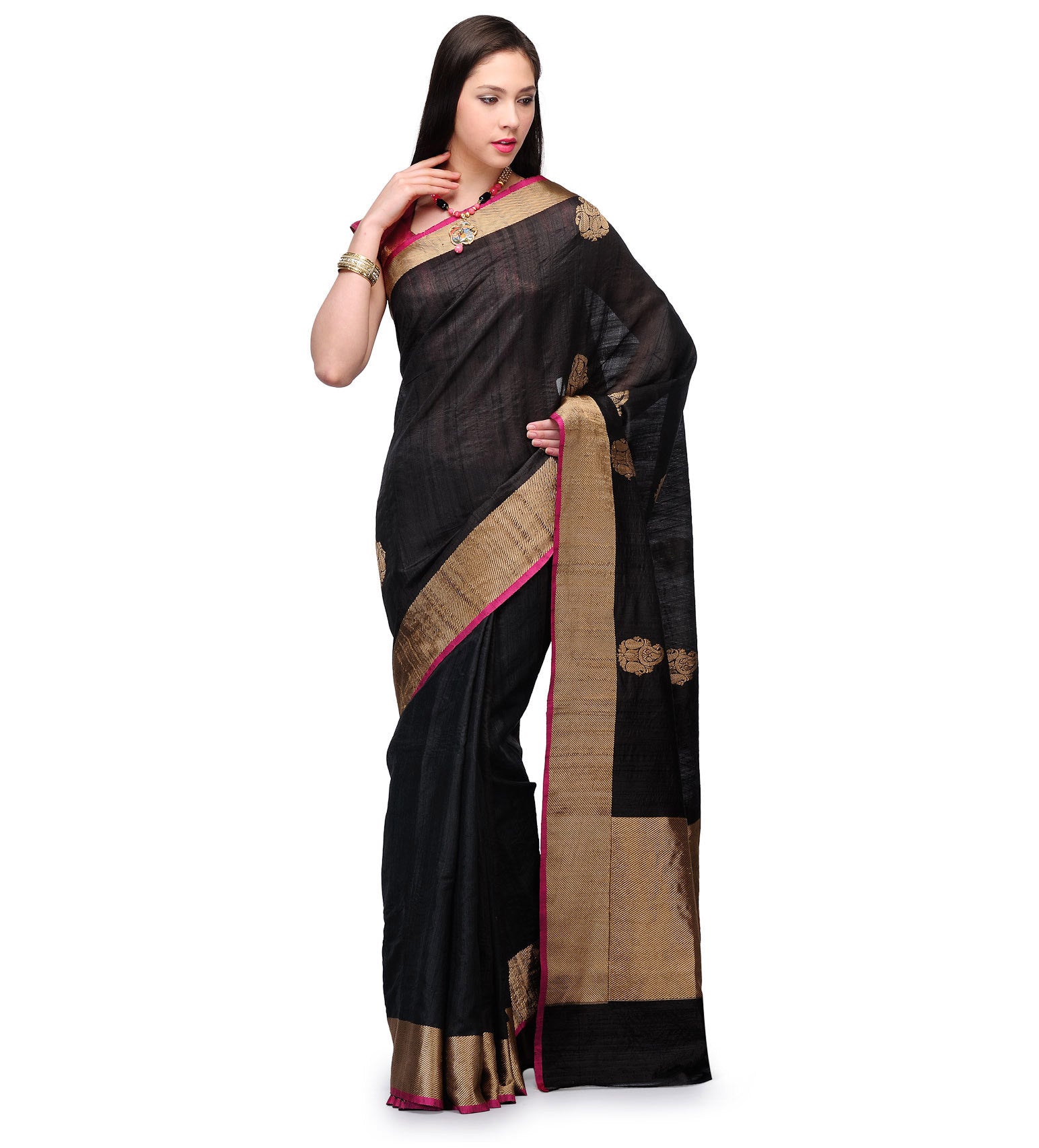 Black Banarsi Tusser Silk Handloom Saree