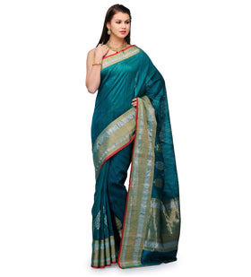 Teal Green Banarsi Matka Silk Handloom Saree