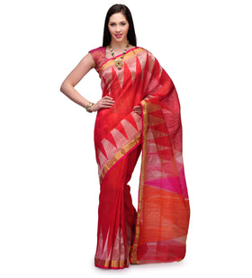 Red Matka Silk and Kora Handloom Saree