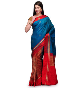 Teal Blue & Red Banarsi Tusser and Katan Silk Handloom Half & Half Saree