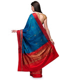 Teal Blue & Red Banarsi Tusser and Katan Silk Handloom Half & Half Saree