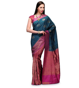 Teal Green Banarsi Tusser Silk Handloom Saree