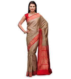 Beige Banarsi Tusser Silk Handloom Saree