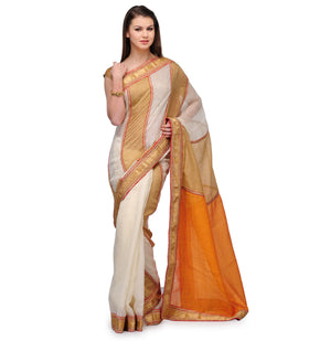 Peach Beige and Off White Bhagalpuri Saree