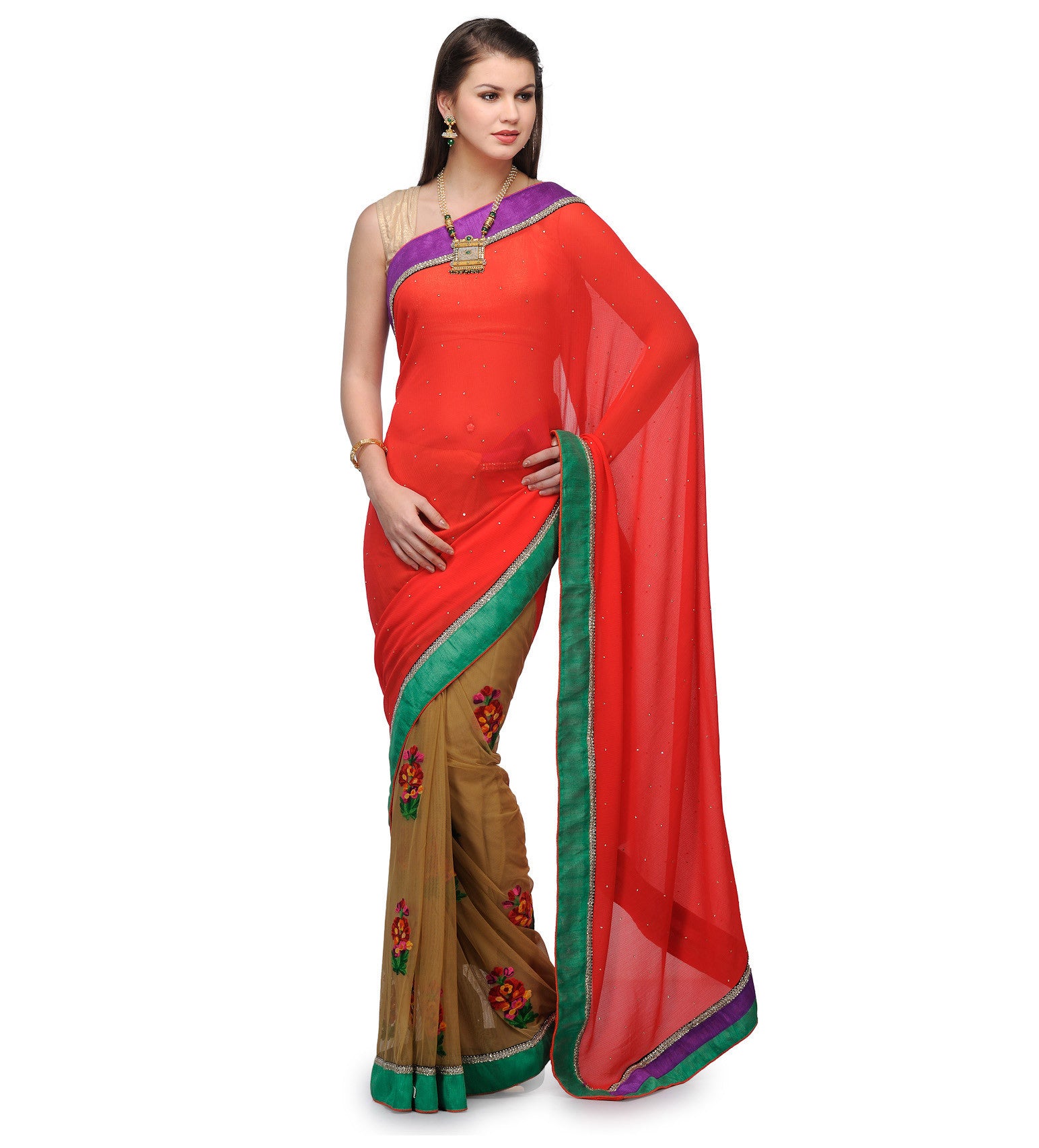 Red & Beige Marvel Chiffon Net Half & Half Saree