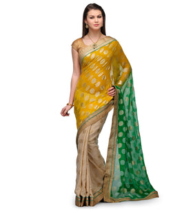 Green Mustard & Beige Faux Georgette & Santoon Half & Half Saree