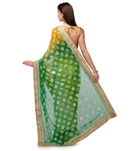 Green Mustard & Beige Faux Georgette & Santoon Half & Half Saree