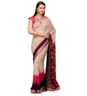 Beige Magenta & Purple Viscose & Faux Georgette Saree