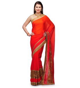 Red and Fawn Faux Crepe and Net Half & Half Saree