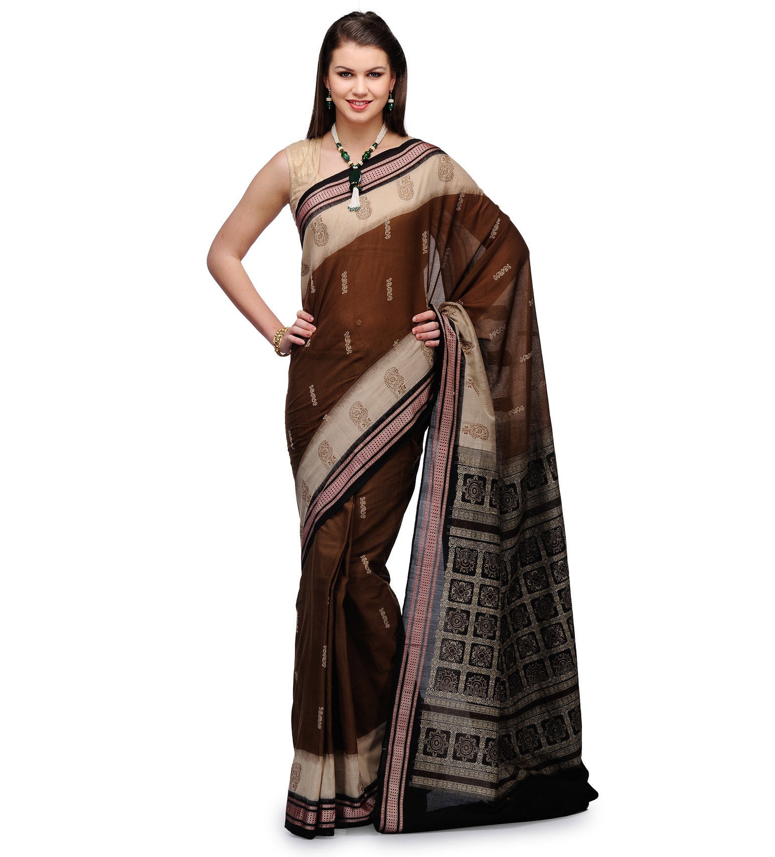 Brown Cotton Orissa Handloom Bomkai Saree