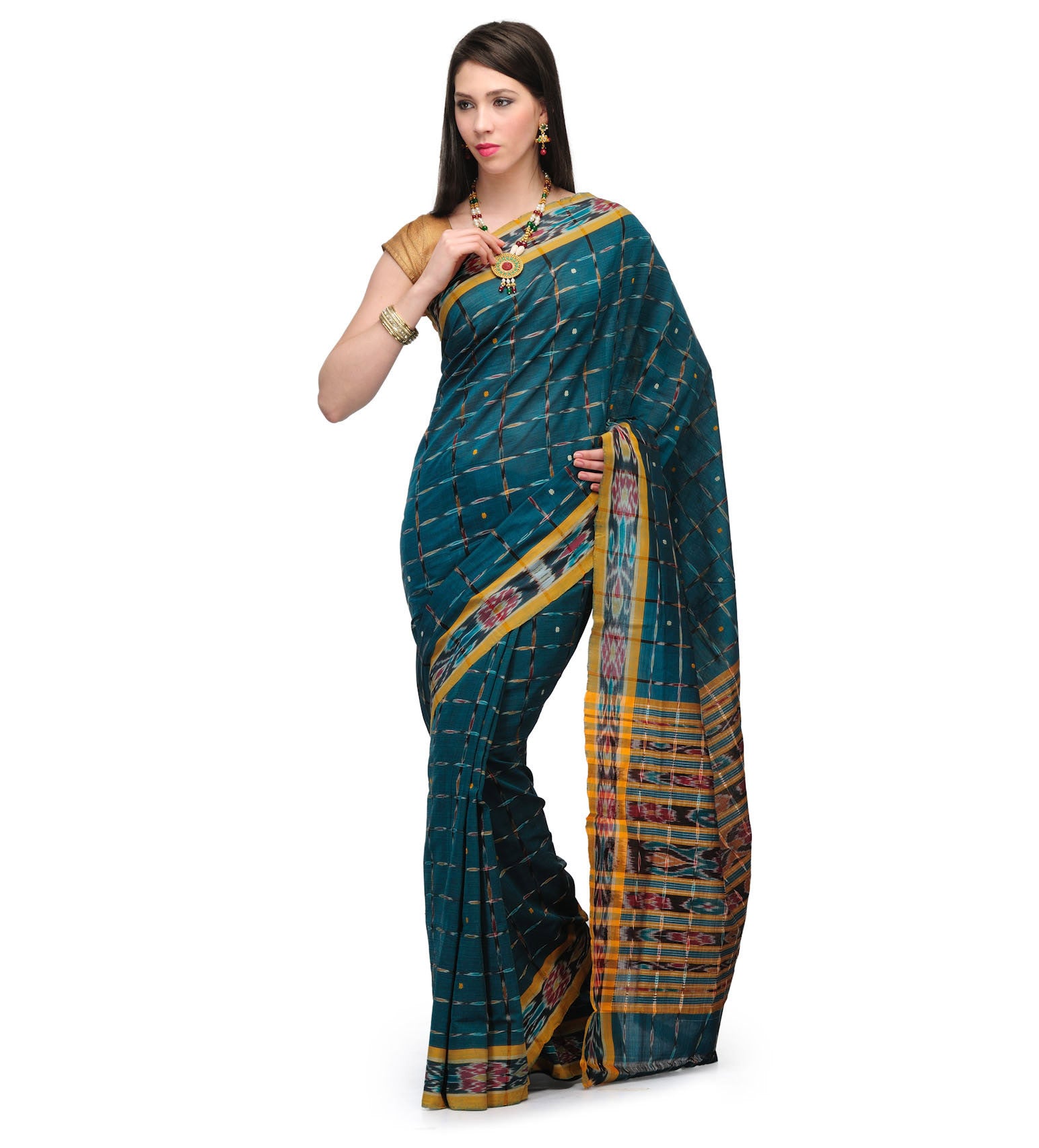 Teal Green Cotton Pochampally Ikat Saree