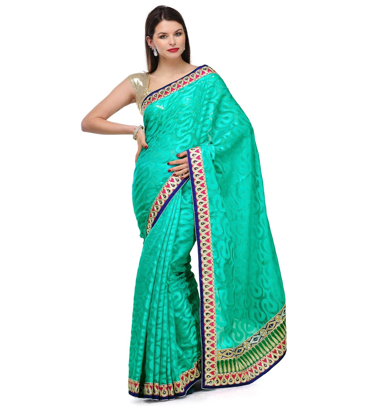 Sea Green Brasso Saree with Zari Border